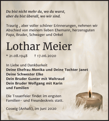 Traueranzeige von Lothar Meier von Super Sonntag Wittenberg