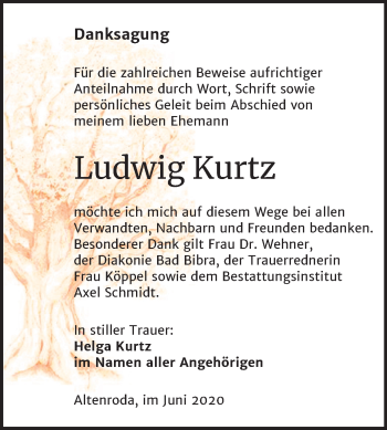 Traueranzeige von Ludwig Kurtz von Wochenspiegel Naumburg/Nebra