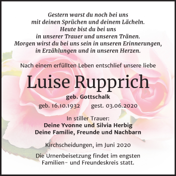 Traueranzeige von Luise Rupprich von Wochenspiegel Naumburg/Nebra