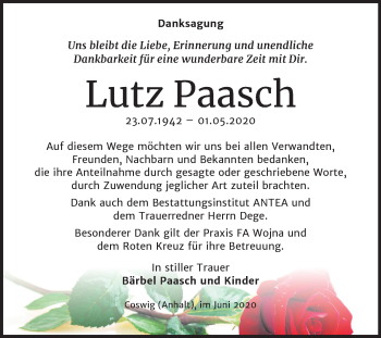 Traueranzeige von Lutz Paasch von Mitteldeutsche Zeitung Wittenberg