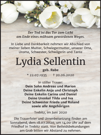 Traueranzeige von Lydia Sellentin von Super Sonntag Wittenberg