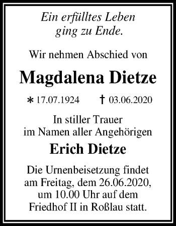Traueranzeige von Magdalena Dietze von Super Sonntag Dessau-Roßlau
