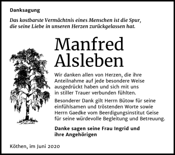 Traueranzeige von Manfred Alsleben von Mitteldeutsche Zeitung Köthen