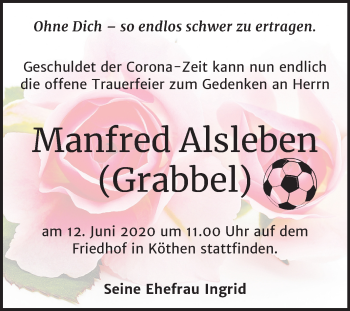 Traueranzeige von Manfred Alsleben von Mitteldeutsche Zeitung Köthen