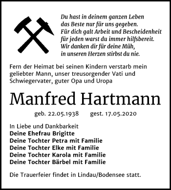 Traueranzeige von Manfred Hartmann von Wochenspiegel Bitterfeld