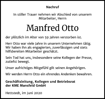 Traueranzeige von Manfred Otto von Mitteldeutsche Zeitung Mansfelder Land