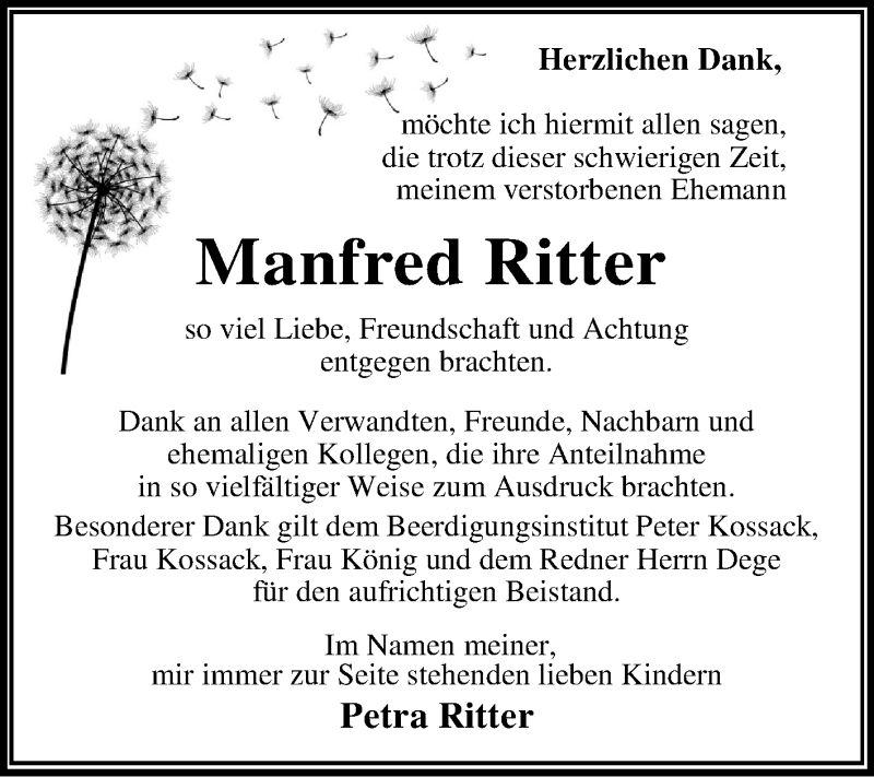  Traueranzeige für Manfred Ritter vom 06.06.2020 aus Mitteldeutsche Zeitung Dessau-Roßlau