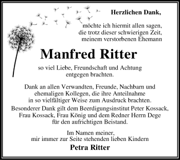 Traueranzeige von Manfred Ritter von Mitteldeutsche Zeitung Dessau-Roßlau