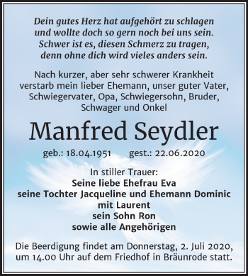 Traueranzeige von Manfred Seydler von Mitteldeutsche Zeitung Mansfelder Land