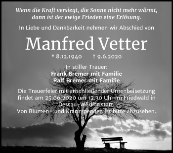 Traueranzeige von Manfred Vetter von Mitteldeutsche Zeitung Bitterfeld
