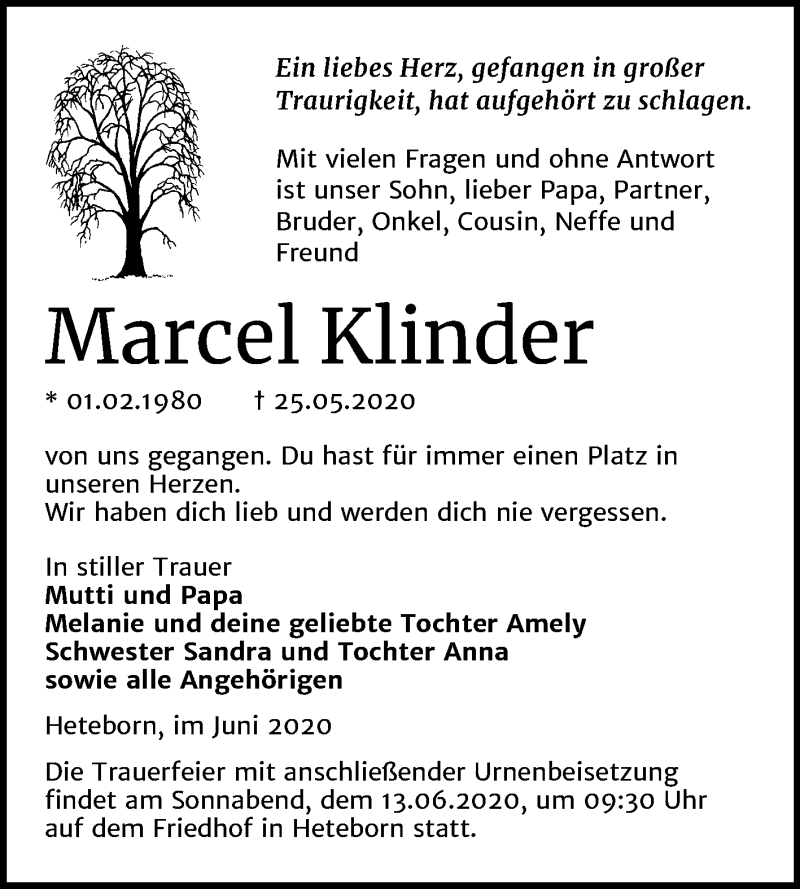  Traueranzeige für Marcel Klinder vom 10.06.2020 aus Wochenspiegel Quedlinburg