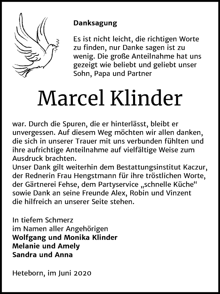  Traueranzeige für Marcel Klinder vom 24.06.2020 aus Wochenspiegel Quedlinburg