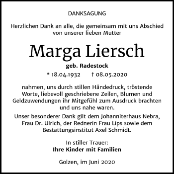 Traueranzeige von Marga Liersch von Wochenspiegel Naumburg/Nebra