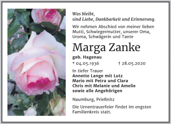 Traueranzeige von Marga Zanke von Wochenspiegel Naumburg/Nebra