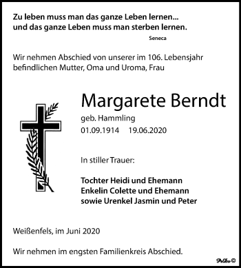 Traueranzeige von Margarete Berndt von Mitteldeutsche Zeitung Weißenfels