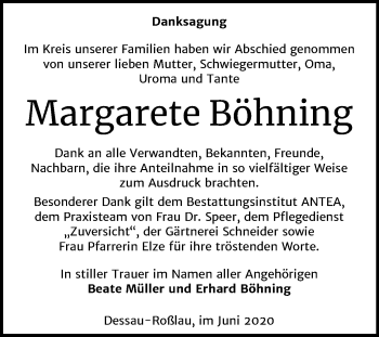 Traueranzeige von Margarete Böhning von Mitteldeutsche Zeitung Dessau-Roßlau