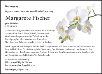 Traueranzeige von Margarete Fischer von Mitteldeutsche Zeitung Sangerhausen