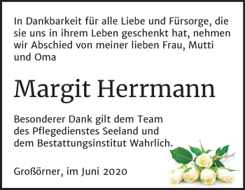 Traueranzeige von Margit Herrmann von Mitteldeutsche Zeitung Mansfelder Land