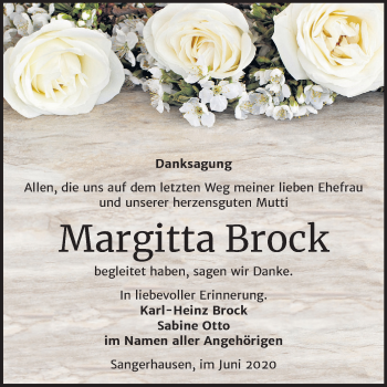 Traueranzeige von Margitta Brock von Super Sonntag Sangerhausen