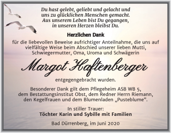 Traueranzeige von Margot Haftenberger von Mitteldeutsche Zeitung Merseburg/Querfurt