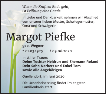 Traueranzeige von Margot Piefke von Super Sonntag Köthen