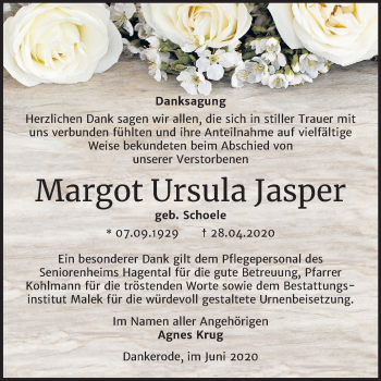 Traueranzeige von Margot Ursula Jasper von Super Sonntag Quedlinburg