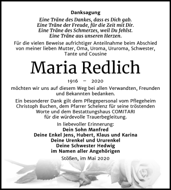 Traueranzeige von Maria Redlich von Mitteldeutsche Zeitung Weißenfels