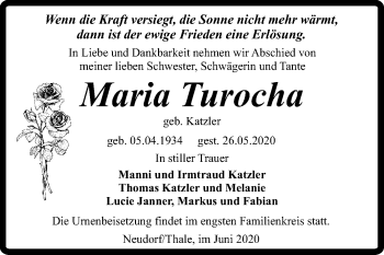 Traueranzeige von Maria Turocha von Mitteldeutsche Zeitung Quedlinburg
