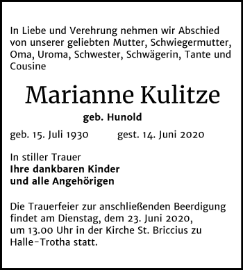 Traueranzeige von Marianne Kulitze von Mitteldeutsche Zeitung Halle/Saalkreis