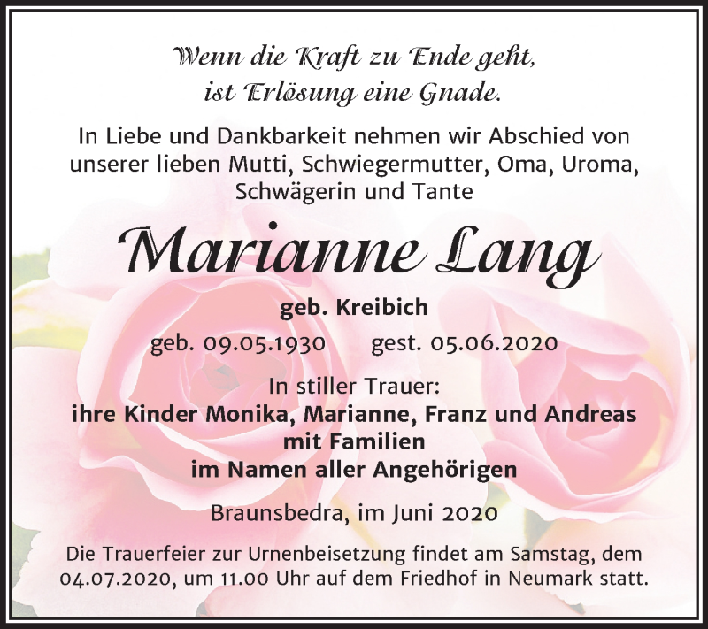  Traueranzeige für Marianne Lang vom 13.06.2020 aus Mitteldeutsche Zeitung Merseburg/Querfurt