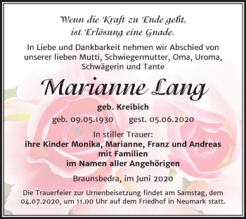 Traueranzeige von Marianne Lang von Super Sonntag Merseburg/Querfurt