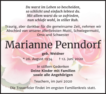 Traueranzeige von Marianne Penndorf von Mitteldeutsche Zeitung Weißenfels