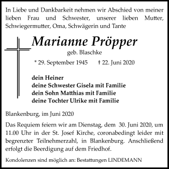 Traueranzeige von Marianne Pröpper von Super Sonntag Quedlinburg