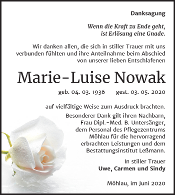 Traueranzeige von Marie-Luise Nowak von Super Sonntag Wittenberg