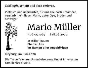 Traueranzeige von Mario Müller von Mitteldeutsche Zeitung Naumburg/Nebra