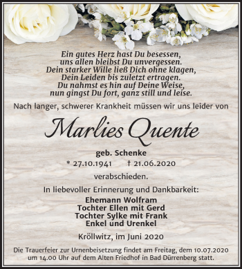Traueranzeige von Marlies Quente von Mitteldeutsche Zeitung Merseburg/Querfurt
