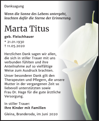 Traueranzeige von Marta Titus von Mitteldeutsche Zeitung Naumburg/Nebra