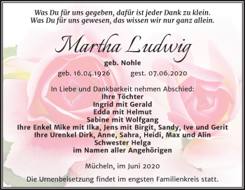 Traueranzeige von Martha Ludwig von Mitteldeutsche Zeitung Merseburg/Querfurt