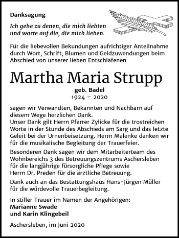 Traueranzeige von Martha Maria Strupp von Mitteldeutsche Zeitung Aschersleben