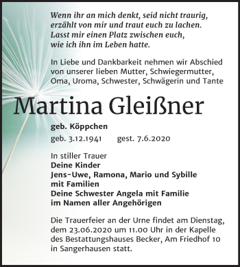 Traueranzeige von Martina Gleißner von Super Sonntag Sangerhausen