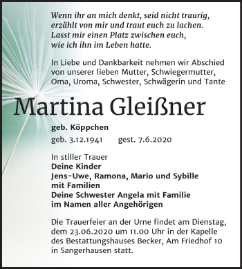Traueranzeige von Martina Gleißner von Mitteldeutsche Zeitung Sangerhausen