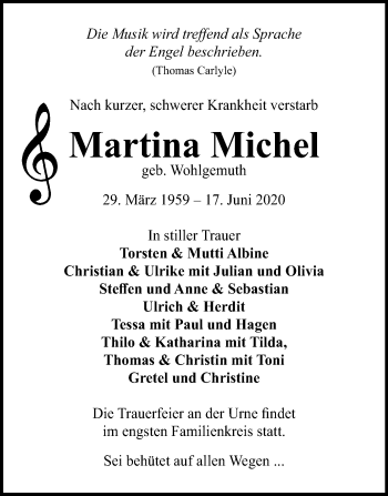 Traueranzeige von Martina Michel von Mitteldeutsche Zeitung Quedlinburg