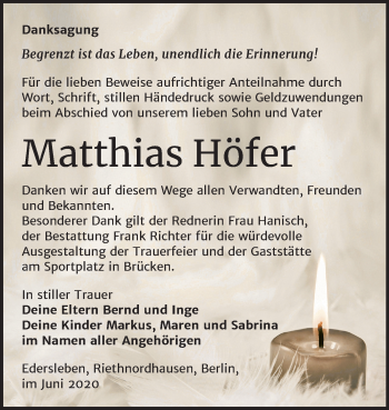 Traueranzeige von Matthias Höfer von Super Sonntag Sangerhausen