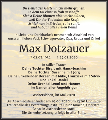 Traueranzeige von Max Dotzauer von Mitteldeutsche Zeitung Aschersleben