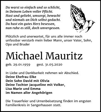 Traueranzeige von Michael Mauritz von Super Sonntag Sangerhausen