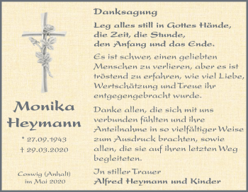 Traueranzeige von Monika Heymann von Super Sonntag Wittenberg
