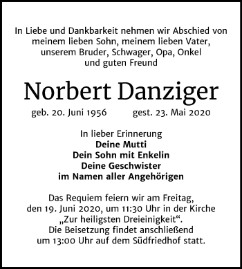 Traueranzeige von Norbert Danziger von Mitteldeutsche Zeitung Halle/Saalkreis