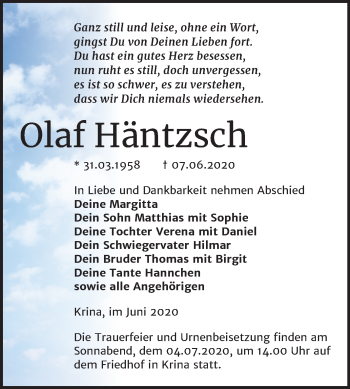 Traueranzeige von Olaf Häntzsch von Mitteldeutsche Zeitung Wittenberg