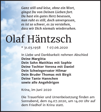 Traueranzeige von Olaf Häntzsch von Wochenspiegel Bitterfeld