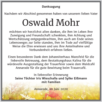 Traueranzeige von Oswald Mohr von Super Sonntag Mansfelder Land